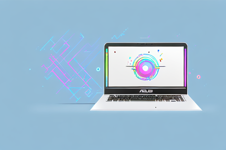 An asus laptop with a highlighted snipping tool application on its screen and a stylized mouse cursor hovering over it