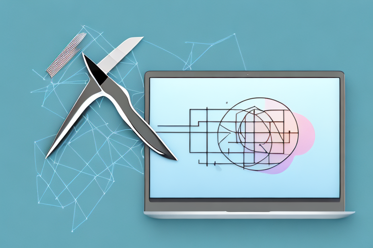 A mac computer with a screenshot tool symbol on the screen and a pair of scissors hovering over it