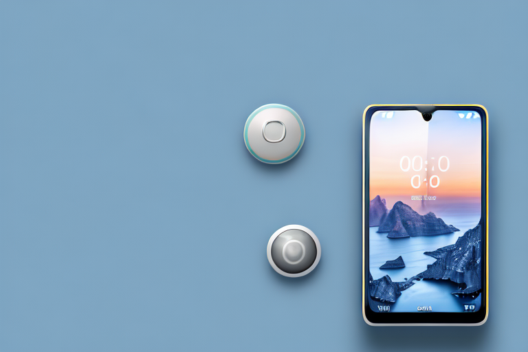 A nokia g10 smartphone with its screen displaying a picturesque landscape