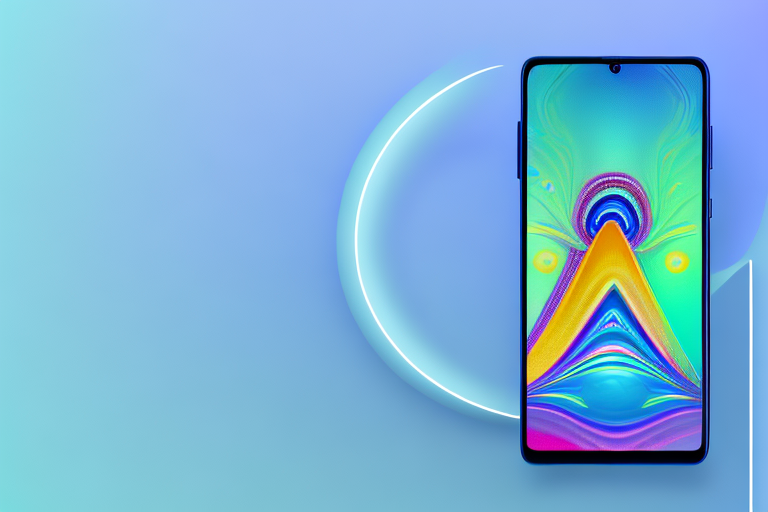 The samsung a53 smartphone with the screen displaying a picturesque landscape