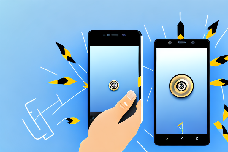 A blu phone with a sequence of arrows indicating the buttons to press for taking a screenshot