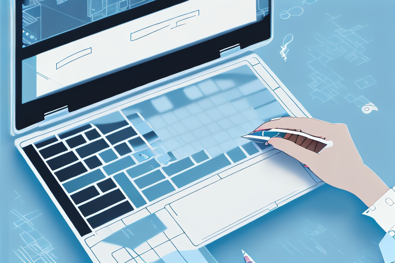 A laptop with a highlighted keyboard key indicating the "print screen" function and a semi-transparent image appearing on the laptop screen