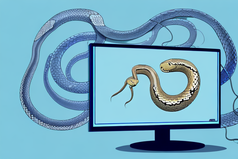 A python snake wrapped around a computer monitor displaying a screenshot in progress