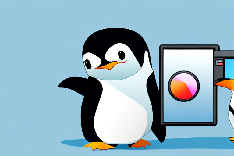 A linux penguin mascot holding a camera