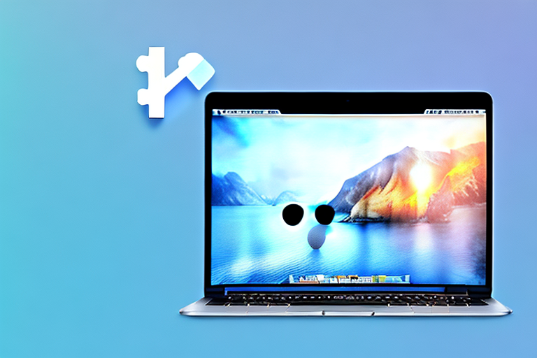 A macbook air with the screen displaying an image of a landscape