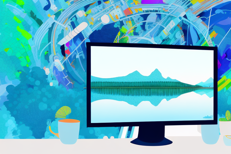 A computer monitor displaying a vibrant landscape image