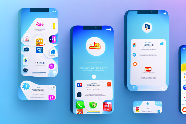 A smartphone displaying a variety of vibrant and engaging app store screenshots