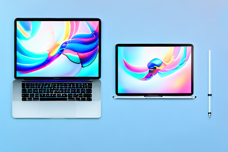 A macbook pro with the screen displaying a generic desktop