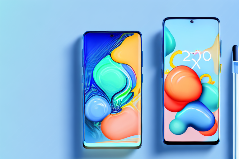 A samsung galaxy s20 smartphone with lines indicating a swipe motion across the screen