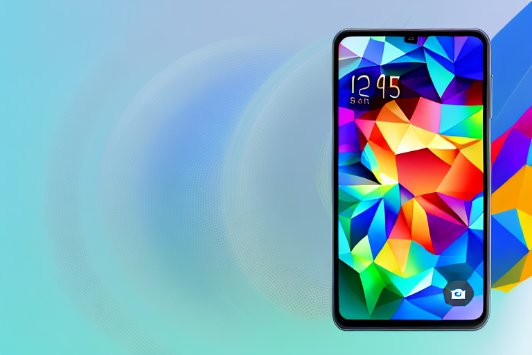 A samsung s20 smartphone with the screen displaying a colorful image