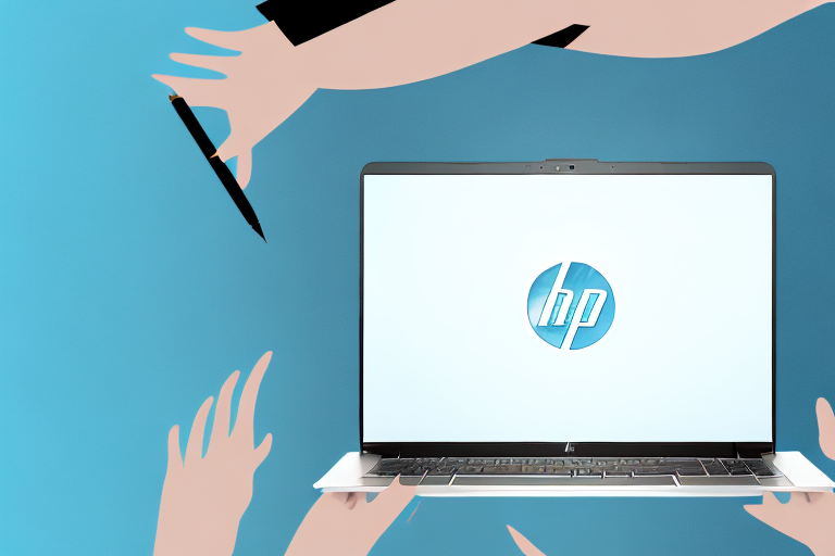 An hp laptop with a highlighted portion on the screen indicating a cropped screenshot