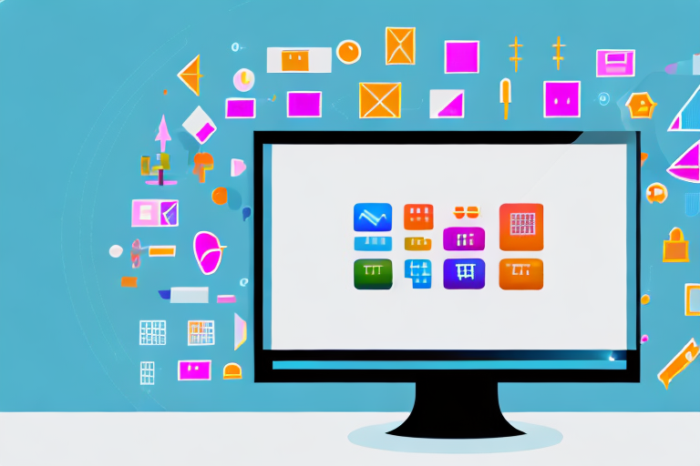 A computer monitor displaying a variety of colorful icons