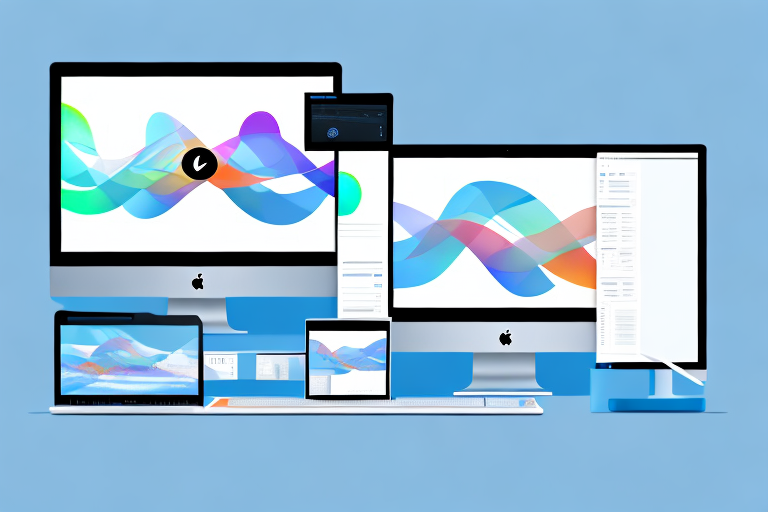 A mac computer with a screenshot of a generic desktop on its screen