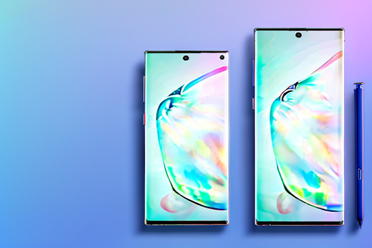 A samsung galaxy note 10 smartphone with a stylized