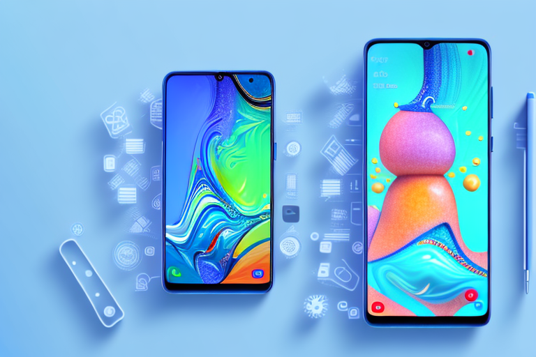 A samsung a50 smartphone with an animated sequence showing the power and volume down buttons being pressed simultaneously