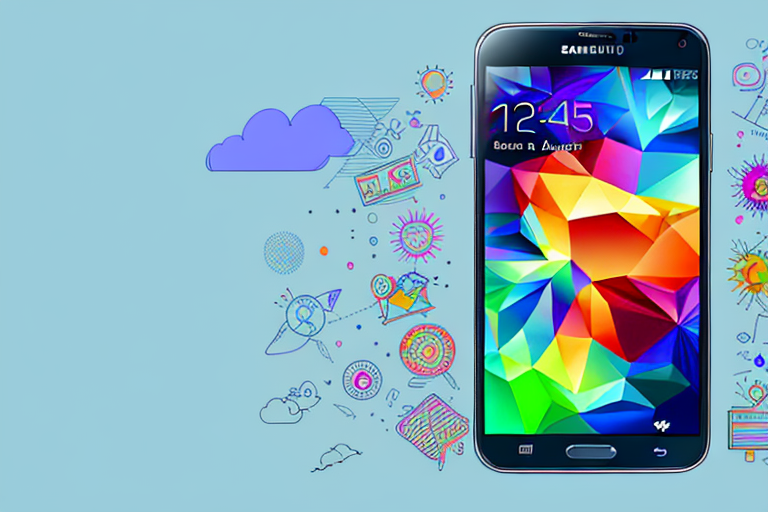 A samsung galaxy s5 phone with a visible screen capture icon and a vibrant image on the screen
