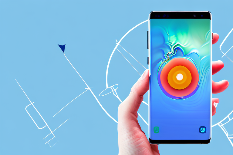 A samsung s10 smartphone with arrows indicating the button sequence to capture a screenshot