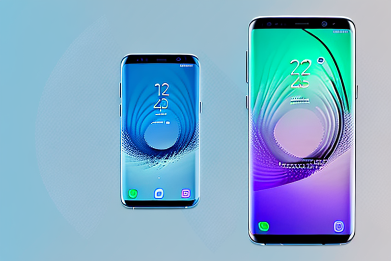 A samsung s8 smartphone with a glowing screen