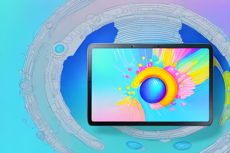 A samsung tablet displaying a colorful image on its screen