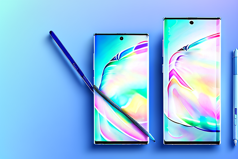A samsung note 10 smartphone with a stylus hovering above it