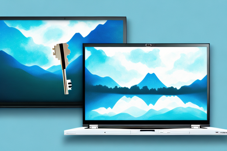 A toshiba laptop with the screen displaying a picturesque landscape