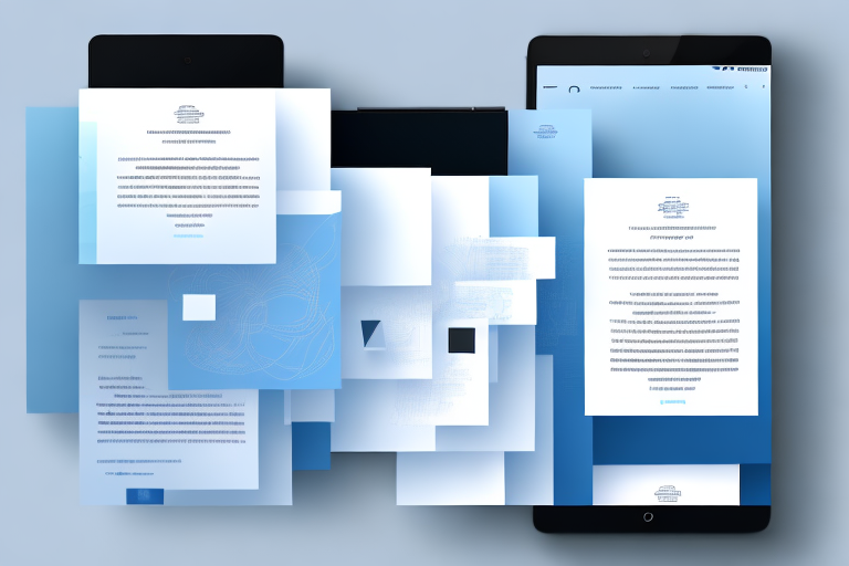 Several screenshots floating towards an open pdf document