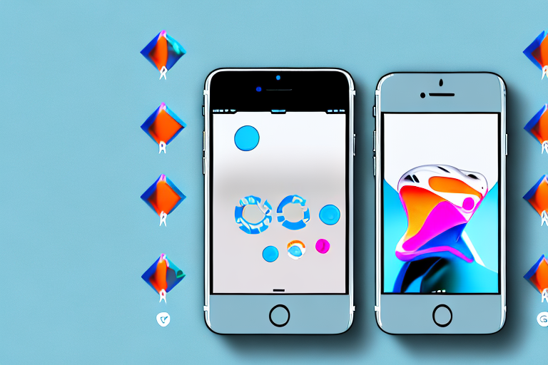 An iphone 7 with a sequence of arrows and symbols indicating the buttons to press for taking a screenshot